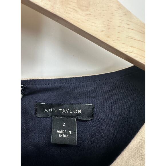 Ann Taylor Women Navy Blue Cream Leafed Midi Dress Size 2 Flare Office Career - Picture 6 of 7